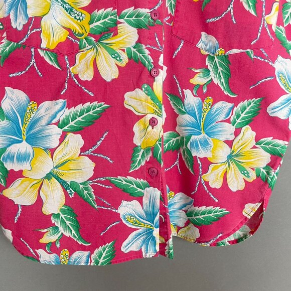 Vintage Hawaiian Shirt Bright Pink Tropical Floral Size Medium Vacation Funky - Picture 5 of 14